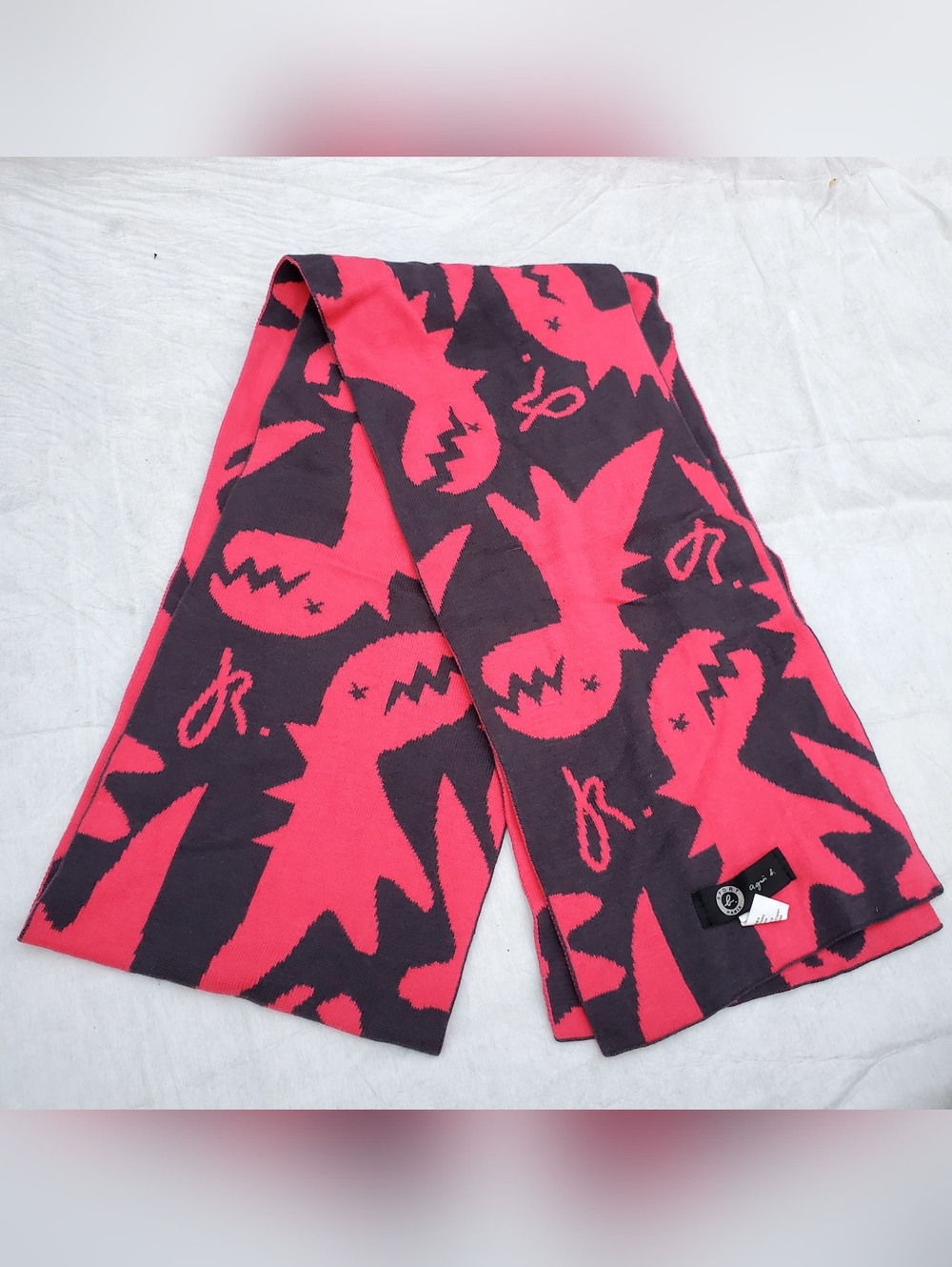 Agnes B. Pink and Grey Dinosaur Graphic Knit Scarf
